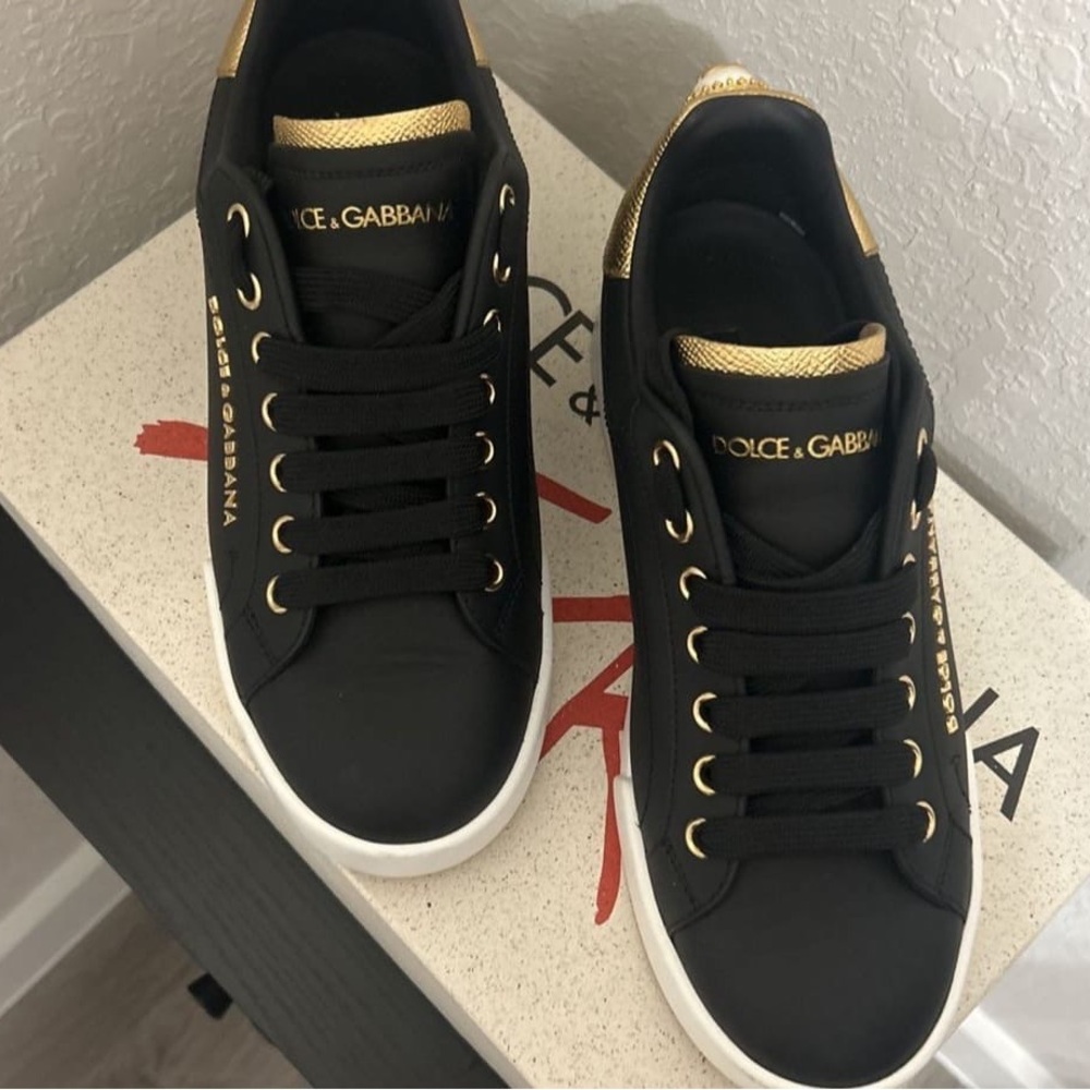 Dolce & Gabbana Black Sneakers with Gold Highlights